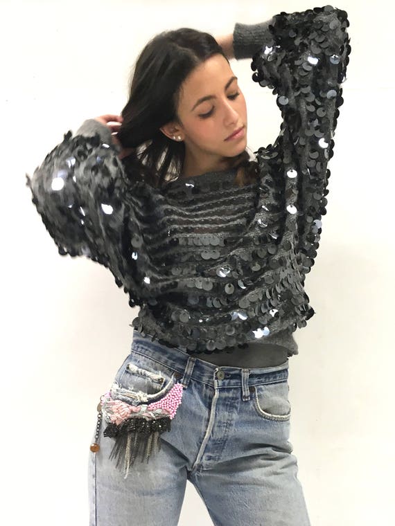 Silk Angora Gray Shabby Big Sequin LOLA DARLING Sweater Bat-sleeve Handmade Embroidery Recycled Vintage Knitwear. Unique Piece