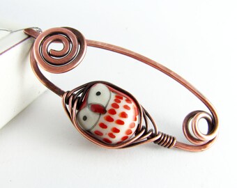 Shawl Pin Copper Wire Owl Brooch Scarf Pin Sweater Pin Fibula Wire Wrapped Jewelry Owl Shawl Pin Copper Jewelry