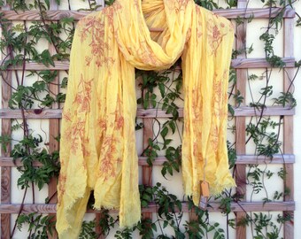Hand screen printed scarf / Botanical pattern print / Fern illustration foulard / Fuchsia color on pink / Plant motif