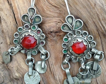 Enamel Berber Earrings with Red Glass from South Morocco