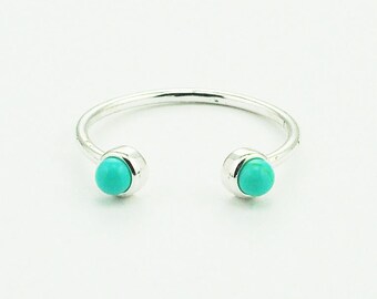 Sterling Silver Dainty Small Double Round Turquoise Ring in silver. Hypoallergenic.