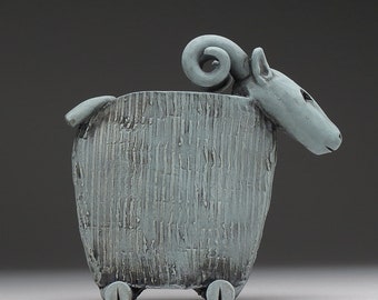 Ram Vessel, Small ceramic vessel, hand made, patina finish, one of a kind