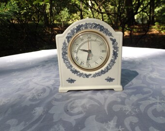 Mantle porcelain clock Ornate floral blue decoration.White.Tested and works perfect. mint home decor gift Tested works Library
