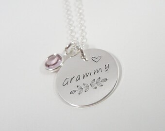 Sterling Silver Grammy Necklace with Swarovski Birthstone, Personalized Name Necklace, Hand Stamped Nana Necklace, Grandma Necklace