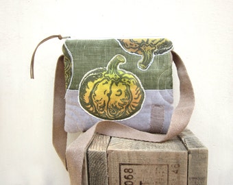 Small children bag, hand printed pumpkins, lino stamp on fabric, halloween bag