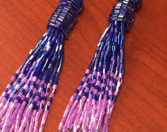 Fluorescent royal blue and lavender shiney bugle beaded earrings