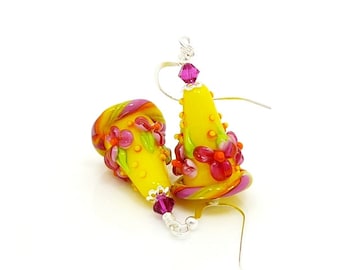 Yellow Earrings, Floral Earrings, Colorful Earrings, Lampwork Earrings, Bright Earrings, Glass Bead Earrings, Cone Earrings, Dangle Earrings