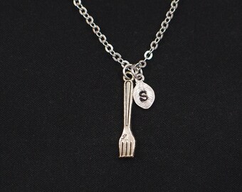 tiny fork necklace, sterling silver filled, initial necklace, silver fork charm, utensil necklace, cooking utensils jewelry,chef gift,mother