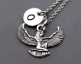 Isis necklace, Egyptian goddess Isis, Silver Isis, Winged Isis, Egyptian theme, Aset, Iset, initial necklace,personalized, monogram