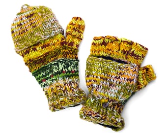 Wool Convertible Mittens, Texting Gloves, Hand Knit Glittens - Multi-Earthy Colors - 1653G