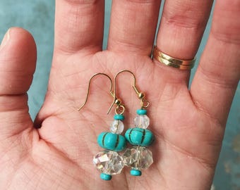 Handmade Turquoise and Iridescent Crystal Beaded Dangle Earrings