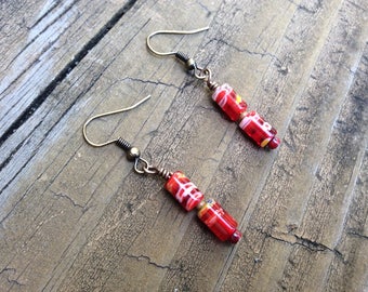 Red Millefiori Earrings, Red Italian Glass Beads, Red Flower Earrings, Italian Millefiori, Glass Beads, Millefiori Glass