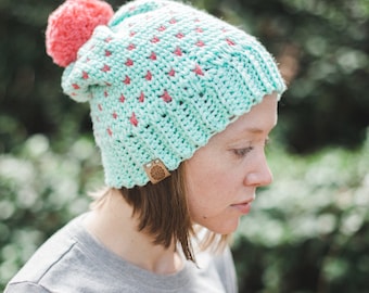 Fair Isle Beanie--Teal and Pink hearts--Adult