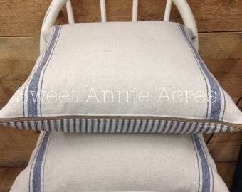 Grain Sack Pillow Cover/Blue Stripe/Cream Fabric/Zipper Closure