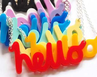 hello Necklace, Laser Cut Necklace, Acrylic Necklace, Laser Cut Jewellery, Ice Breaker Necklace, Handmade in Brighton, uk