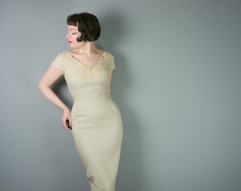 50s wiggle dress with EMBELLISHED and LACE trimmed bodice and low cut back - curve hugging HOURGLASS Mid Century gown - S