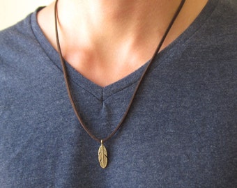 Mens Feather Necklace , Mens Leather Necklace , Men Tribal Pendant , gift for friend , birthday gift , handmade jewelry , boyfriend gift