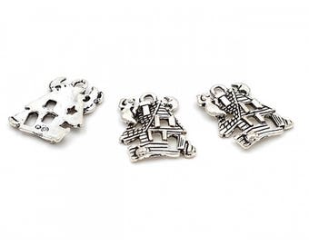 10 silver Halloween Haunted House charms 20mm Matt