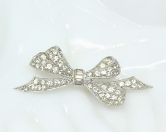 Vintage Clear Rhinestone Hollywood Regency Bow Brooch Pin Silver Tone