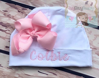 Newborn Girls Hospital Hat - Bow Hospital Hat- Monogrammed Hat - Baby Hat -Embroidered Personalized Hat - Custom Name - ANY COLORS - Pink