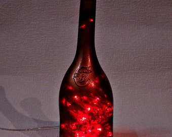 Lighted Bottle. Recycled Hand Decorated JP CHENET Wine Bottle with 100 LED Red Lights Inside. Bottle Lamp. Party Decor Lights.