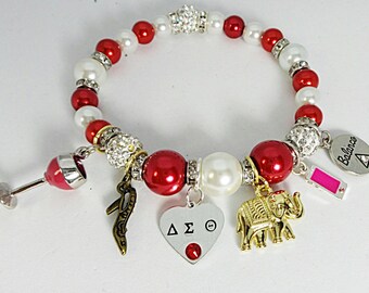 Delta Sigma Theta Sorority Charm Bracelet, Diva Charm Bracelet, Red and White, Beaded Bracelet, Sorority Bracelet, Divine 9 Jewelry, HBCU
