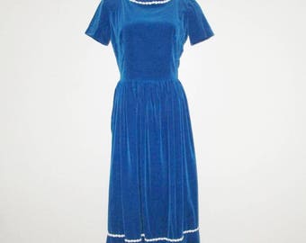 Vintage 1950s Blue Velveteen Dress / 50s Blue Velveteen Maxi Dress - Size S, M