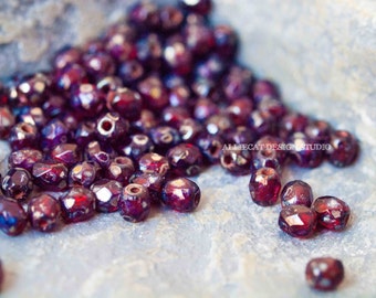 PREMIUM 50 Red Tranparent Silver Picasso 3mm Firepolish Czech Glass Beads (N114)