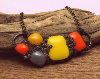 Urban Artifact | Eclectic Fused Glass | Boho Jewelry | Stained Glass Pendant | Orange and Yellow