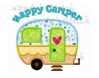 Happy camper applique camping machine embroidery design instant download