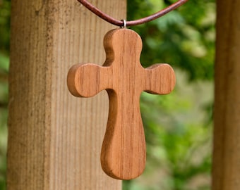 wooden cross necklace - scroll saw solid reclaimed Honduras Mahogany wood, baptism gift, confirmation gift, Christian necklace