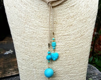 Teal & Tan Lariat Style Necklace/Choker With Heart