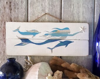 Wooden Mermaid and Dolphin Sign - Wood Mermaid Decor, Mermaid Wall Art, Upcycled Mermaid Art, Coastal Beachside Home Decor