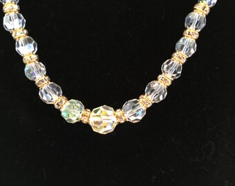 Clear Aurora Borealis Crystal And Rhinestone Necklace Gold Tone