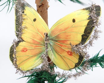 Early 1900's Victorian Butterfly Die Cut Christmas Scrap Ornament with Wire Tinsel