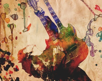 Jimmy Page Art, Led Zeppelin Artwork, Classic Rock Watercolor