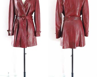 Vintage Leather Coat | 1970s Oxblood Leather Trench Coat M | Retro 70s Hipster Leather Coat