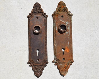 pair of antique victorian door plates with oxidization / vintage set of matching victorian door plates