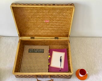 Vintage Woven Rattan Suitcase Handbag Storage Basket