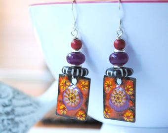 Floral Enamel Earrings, Square Earrings, Red and Purple Earrings, Boho Chic Earrings, Unique Artisan Earrings, Unique Halloween Earrings