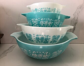 Vintage Pyrex Turquoise Cinderella Mixing Bowls, Retro Amish Butterprint Pyrex Cinderella Mixing Bowl Set
