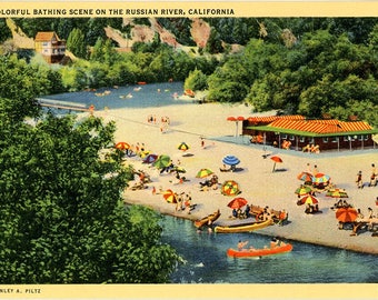Russian River Bathing Scene Sonoma and Mendocino California Vintage Postcard (unused)