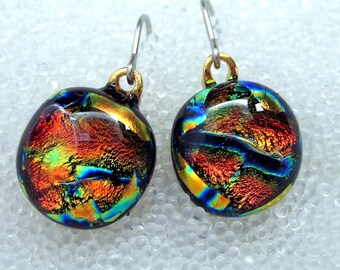 Dichroic Glass Earrings, Fused Glass in Fiery Orange Tangerine Tango, Dangle, Wire, Drop