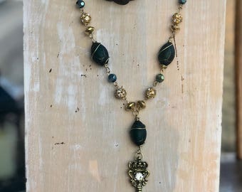 Long, Gold and Green, Gold Key Tassel Necklace