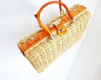 Vintage Wicker Straw Bag Lucite handbag Princess Charming By Atlas