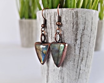 Antiqued Copper Electroformed Labradorite Earrings