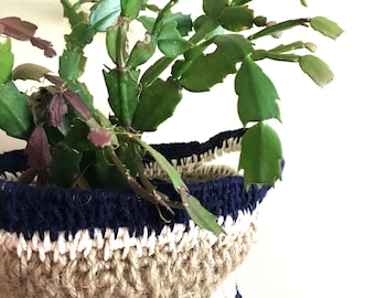 Navy and White Jute Basket