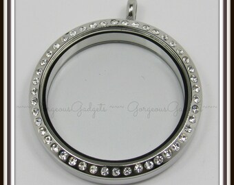 35mm Floating Locket / Glass Locket Pendant Stainless Steel With Crystals
