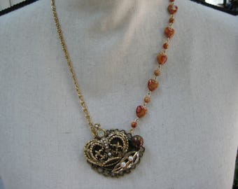 Vintage Statement Necklace, Vintage Brooch, Vintage Earrings, Repurposed Upcycled, Reclaimed, VintageAssemblage, Collage Bronze Peach /N24