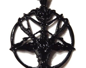 Black Painted Baphomet Goat Head on Inverted Pentagram Necklace 3F